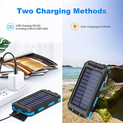 20000Mah Solar Charger for Cell Phone Iphone, Portable Solar Power Bank with Dual 5V USB Ports, 2 LED Light Flashlight, Compass Battery Pack for Outdoor Camping Hiking (Blue)