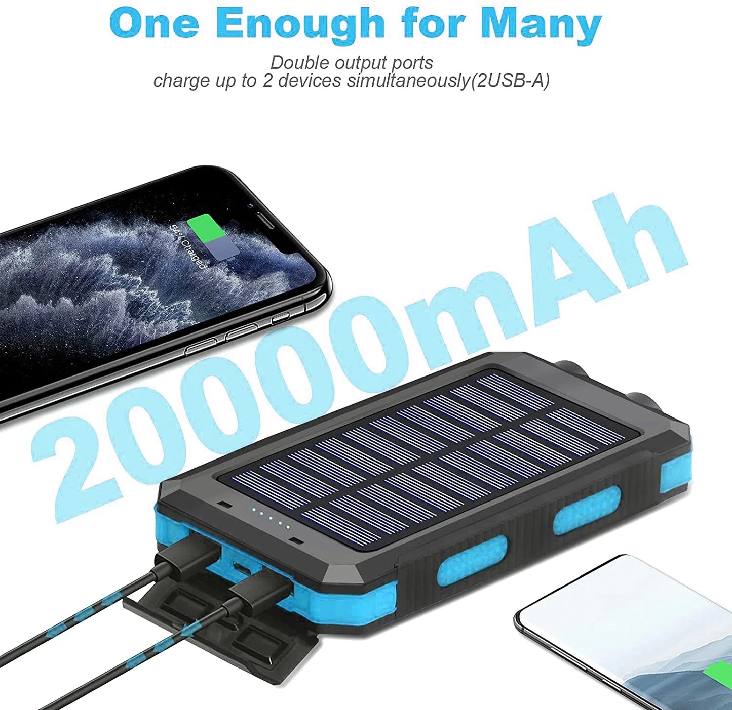 20000Mah Solar Charger for Cell Phone Iphone, Portable Solar Power Bank with Dual 5V USB Ports, 2 LED Light Flashlight, Compass Battery Pack for Outdoor Camping Hiking (Blue)