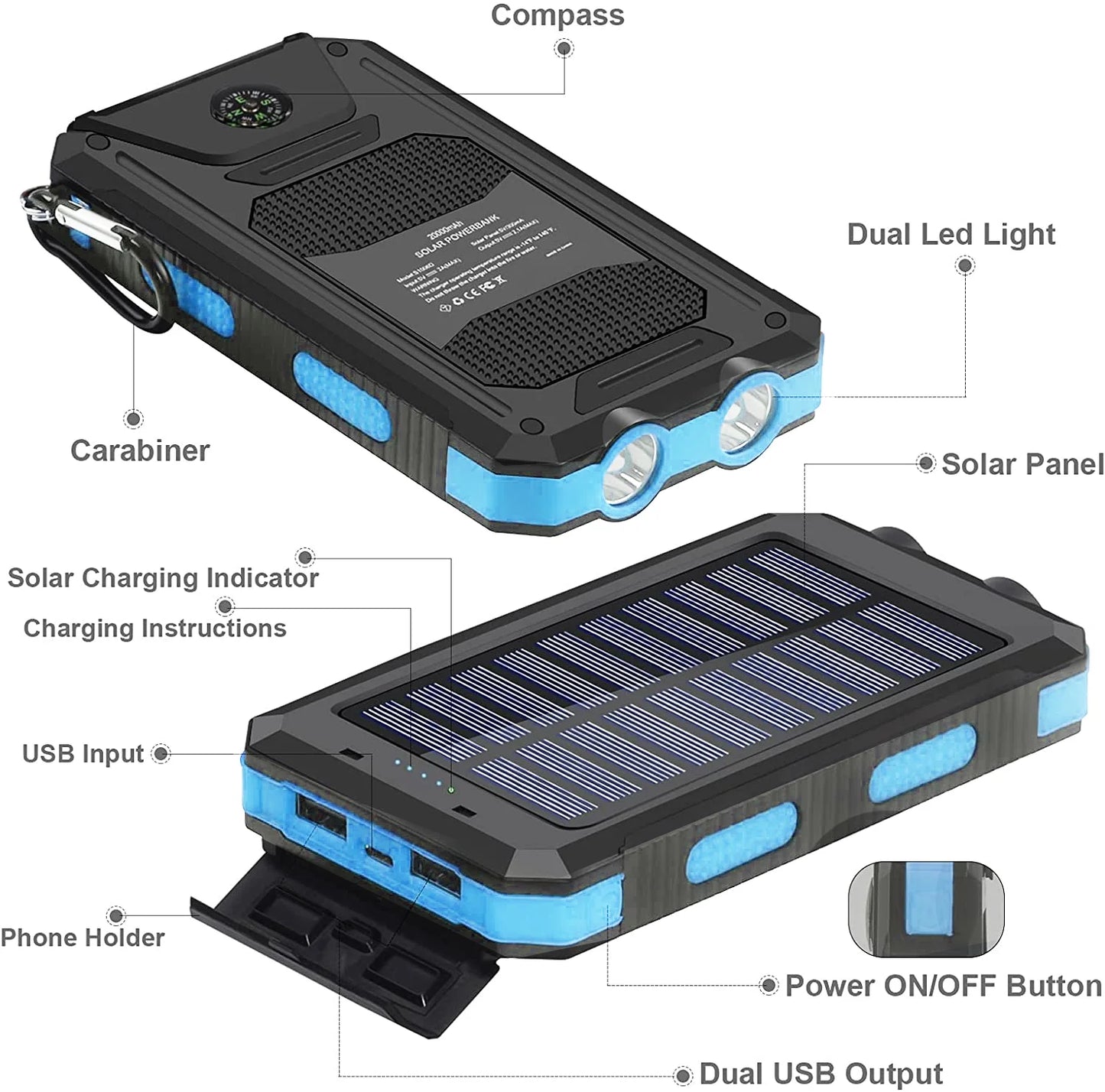 20000Mah Solar Charger for Cell Phone Iphone, Portable Solar Power Bank with Dual 5V USB Ports, 2 LED Light Flashlight, Compass Battery Pack for Outdoor Camping Hiking (Blue)